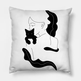 Girl with Black Cat and Plants / Line Art Pillow