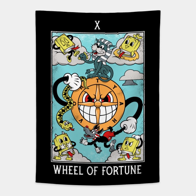 Wheel of Fortune - Mystical Medleys - Vintage Cartoon Tarot Tapestry by Mystical Medleys