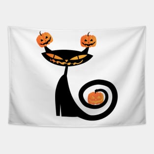 Halloween Witch Black Cat Playing with Happy Pumpkin Tapestry