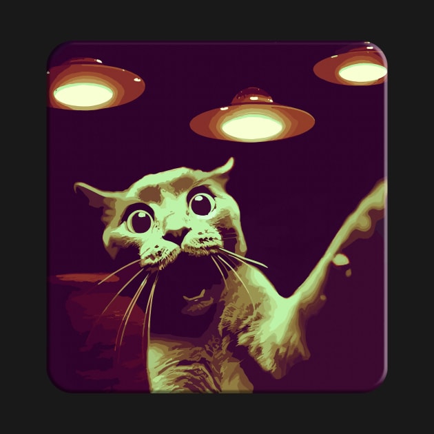 Scared Funny Cat Selfie With UFOs Behind by KromADesign