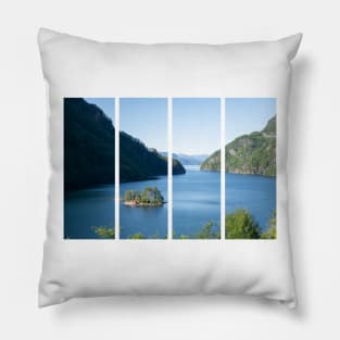 Wonderful landscapes in Norway. Beautiful scenery of a island with a red house on the Lovrafjorden fjord. Mountains with snow in background. Sunny day Pillow