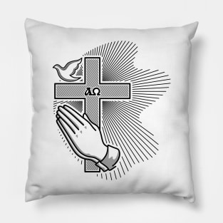 The cross of Jesus, praying hands and a dove - a symbol of the Holy Spirit Pillow