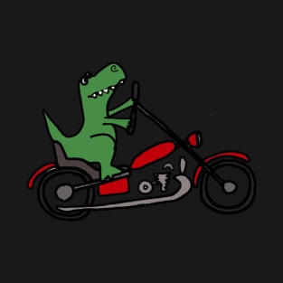 Funny Green T-Rex Dinosaur Riding Red Motorcycle Art T-Shirt