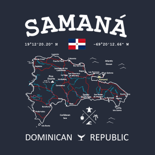 Dominican Republic Flag Travel Map Samana Coordinates Roads Rivers and Oceans White T-Shirt