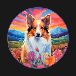 Cute Sheltie Colorful Flower Mountain Sunset Puppy Dog T-Shirt