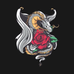 Dragon with Red Rose Fantasy Tattoo Style T-Shirt