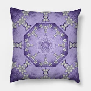 Silver flowers on deep purple textured mandala Pillow