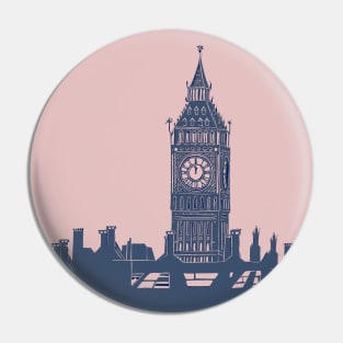 Big Ben London Skyline Linocut Blue and Pink Pin