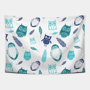 Blue teal owls and feathers Pattern Tapestry