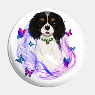 Magical Cavalier King Charles Spaniel and Butterflies, Tri Colored Pin