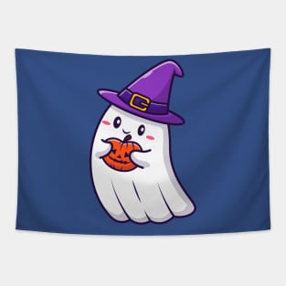 Cute Witch Ghost Holding Pumpkin Halloween Cartoon Tapestry