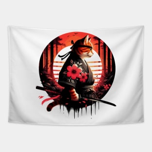 Floral Ginger Cat Samurai Warrior In Forest Tapestry