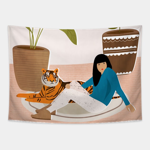 Girl and tiger Tapestry by grafart