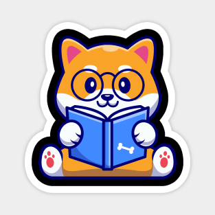 Cute Shiba Inu Dog Reading Book Cartoon Magnet