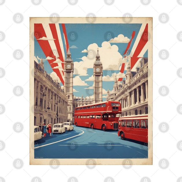 London England Double Decker Bus Vintage Travel Tourism Art by TravelersGems