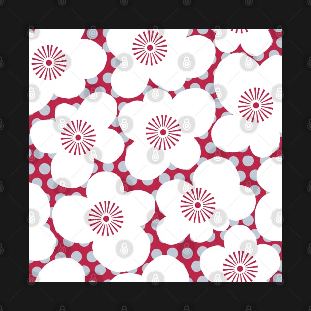 White retro blossoms and polka dots on viva magenta by kobyakov