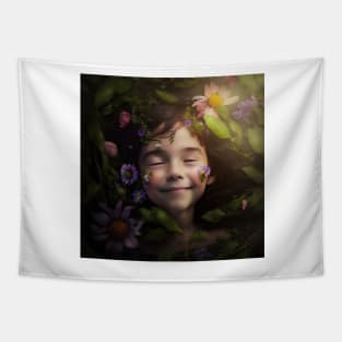 A Happy Young Child Surrounded by Flowers Tapestry