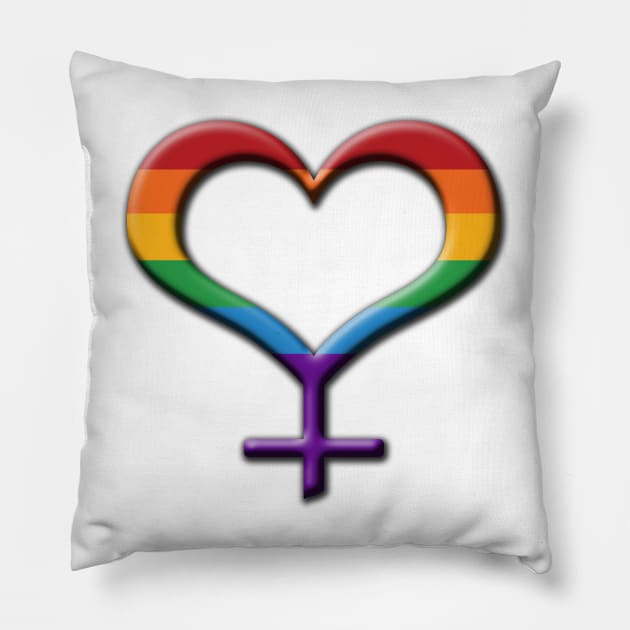 Rainbow Colored Heart-Shaped Lesbian Pride Female Gender Symbol Pillow by LiveLoudGraphics