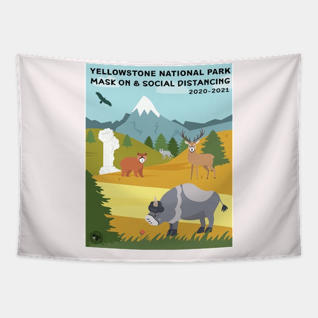 Mak On and Social Distance at Yellowstone National Park - illustration - square Tapestry by Smyrna Buffalo