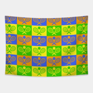 Colorful Checkered Tennis Seamless Pattern - Racket & Ball Tapestry