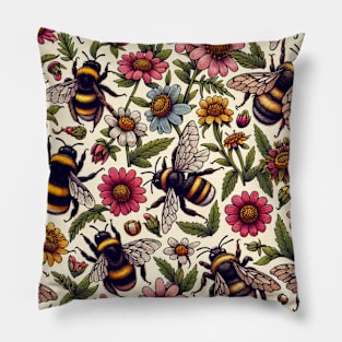 Vintage Flowers and Bumblebees Pillow