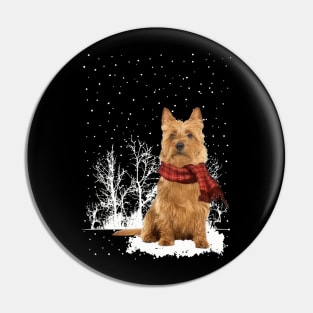 Christmas Australian Terrier With Scarf In Winter Forest Pin