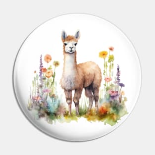 Watercolor picture of alpaca and beautiful flowers. Pin