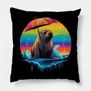 Sea Lion Rainy Day With Umbrella Pillow