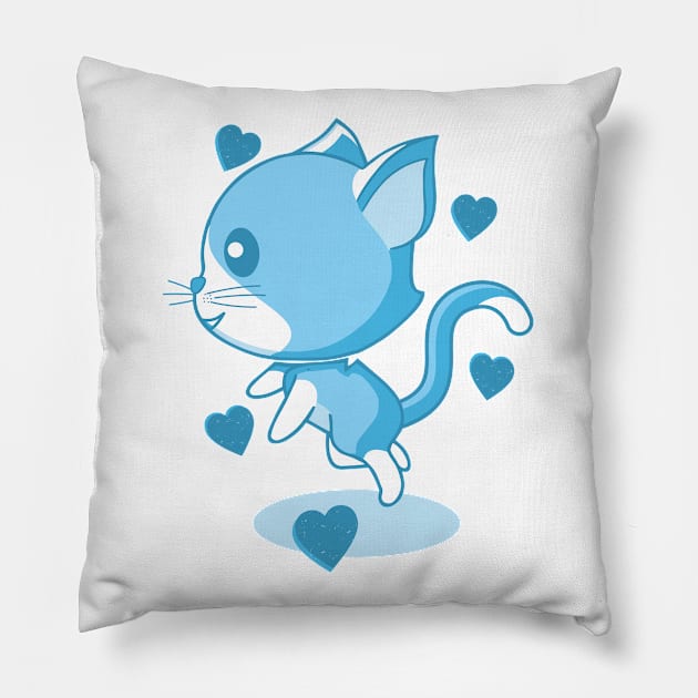 Blue kitten and hearts. Pillow by FunawayHit