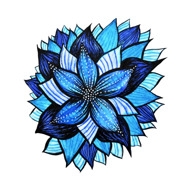 Beautiful Abstract Blue Flower Ink Drawing by Boriana Giormova