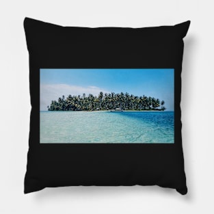 Distant view of a boat moored at an island covered with tropical trees Pillow