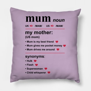 Definition of Mum (Mom, Ma, Mama, Madre) Pillow