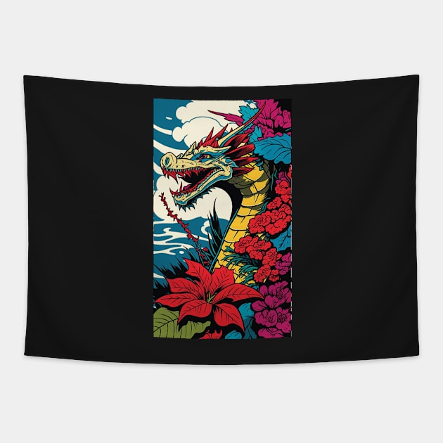 Dragon Vibrant Tropical Flower Tall Retro Vintage Digital Pop Art Portrait Tapestry by ArtHouseFlunky