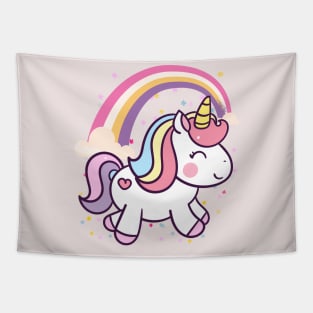 Cute Unicorn With Rainbow and Little Flowers Tapestry