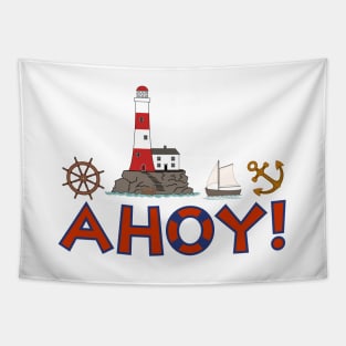 AHOY! Type+Lifebuoy Lighthouse Wheel Anchor Sailboat Tapestry