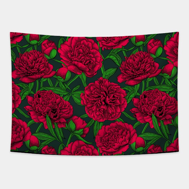 Night peony garden in red and green Tapestry by katerinamk