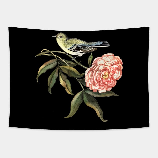 Watercolor Bird And Flower Peony Tapestry by HammiltenJohn