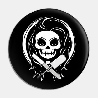 Female Nail Tech Skull and Manicurist Tools White Logo Pin