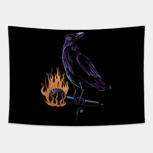 Burning microphone with black crow Tapestry