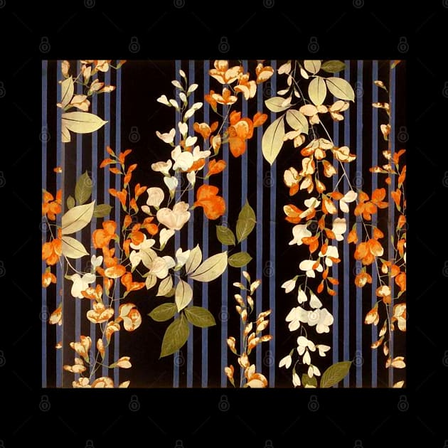 WHITE ORANGE FLOWERS AND BLUE BLACK STRIPES Antique Japanese Floral by BulganLumini