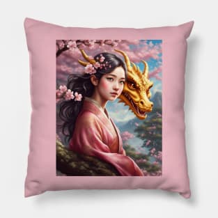 Girl between cherry blossoms Pillow