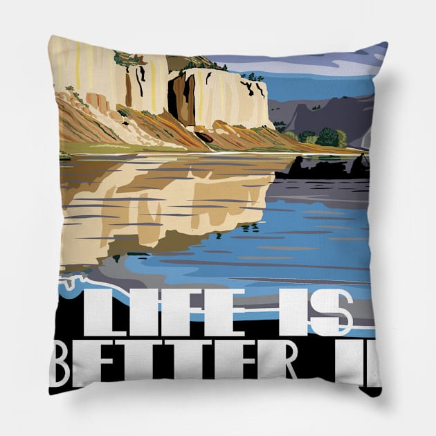 LIFE IS BETTER IN THE MOUNTAINS Retro Vintage Posted Mountain Range Wiht Lake And Adventurers On A Canoe And Kayak Trip Pillow by Musa Wander