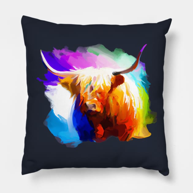 Highland Cow Rainbow Painting Pillow by KayBee Gift Shop