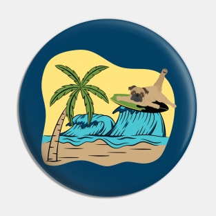 Pug Dog Surfing on the Sea Wave on the Summer Beach Pin