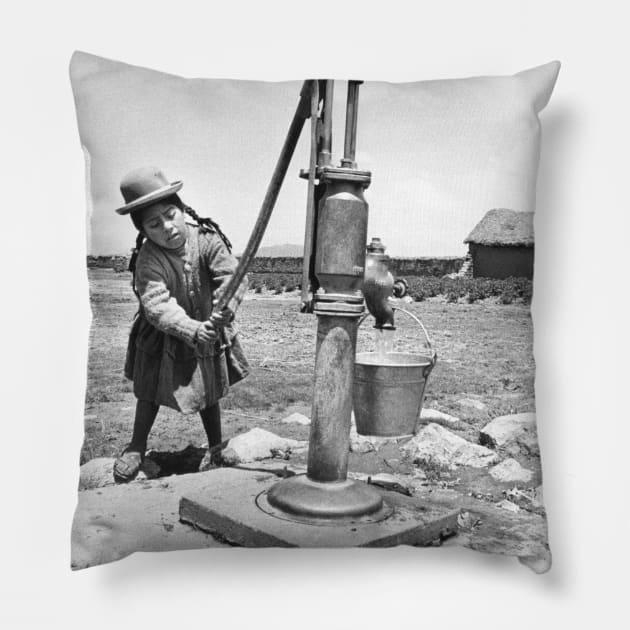 Girl Pumping water in Puno Peru Pillow by In Memory of Jerry Frank