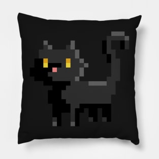 Pixel Art Black Cat 8 Bit Illustration on Orange Pillow