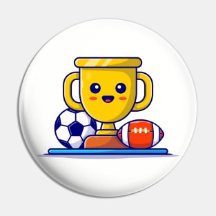 Cute Sport Trophy with Soccer Ball and Rugby Cartoon Vector Icon Illustration Pin