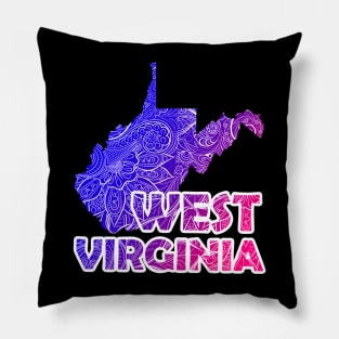 Colorful mandala art map of West Virginia with text in blue and violet Pillow