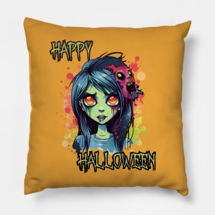 Spooky Zombie Girl Happy Halloween Pillow