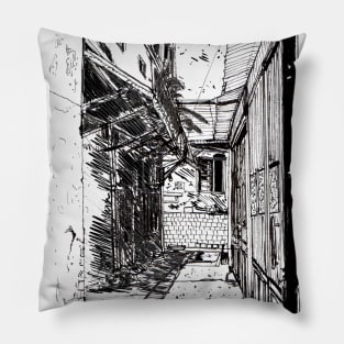 Alleyway Saigon Vietnam Pen and Ink Illustration Pillow